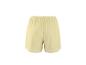 Hellgelbe Damen-Sportshorts mit weißen Details.