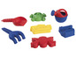 Ein Set mit Sandspielzeug, inklusive Schaufel, Rechen, Gießkanne und Sandformen.