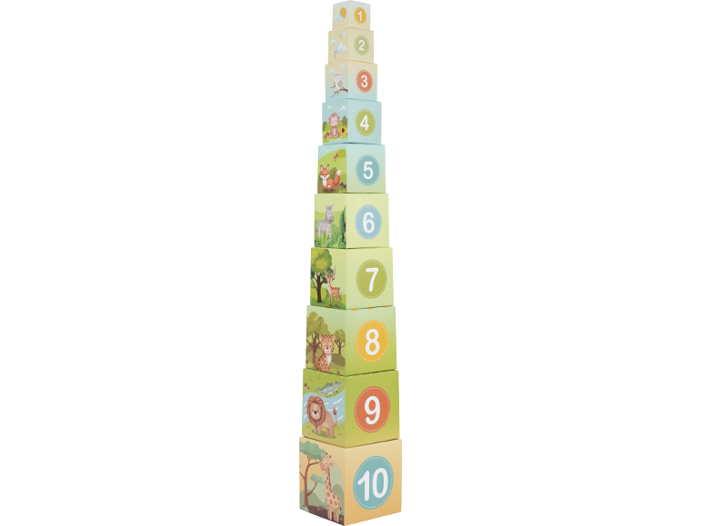 Stapelwürfel mit Tiermotiven und Zahlen 1-10
