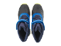 Paar blaue und schwarze Kinder-Winterstiefel mit gelben Akzenten, Draufsicht.