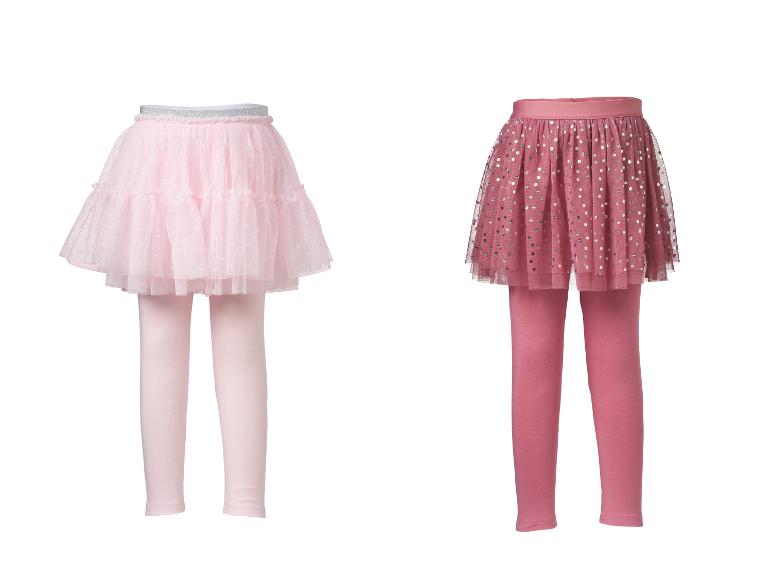 Zwei Kinder-Leggings- und Tüllrock-Sets: hellrosa und dunkelrosa mit silbernen Punkten.