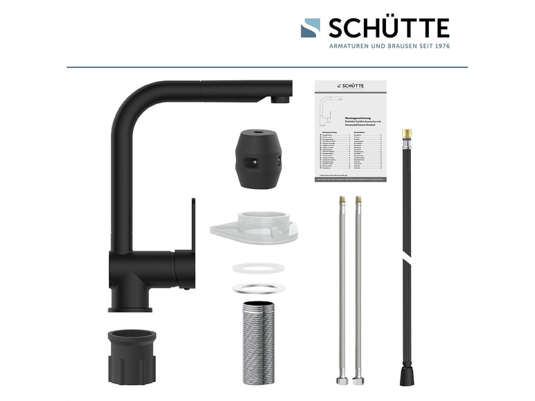 Schwarze Küchenarmatur von Schütte mit Zubehör und Montageanleitung.