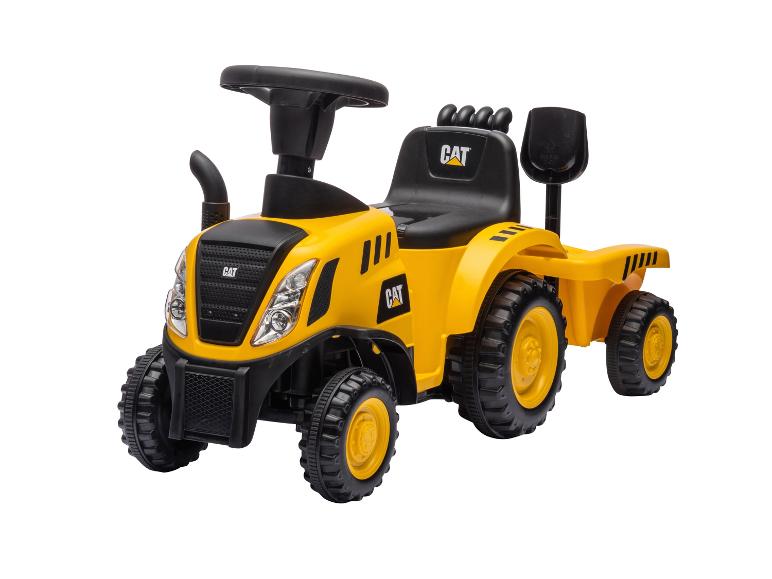 Gelber Spielzeugtraktor mit Anhänger und Schaufel, mit schwarzem Sitz und Lenkrad.