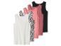 Fünf Damen-Tanktops, darunter ein weißes, eines mit Leopardenmuster und drei rosa/schwarze.