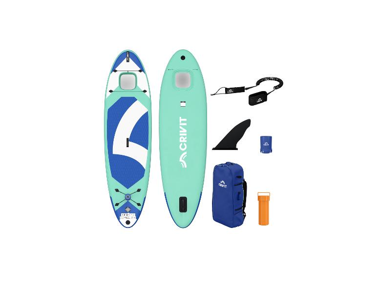 Blau-mintfarbenes SUP-Board mit Zubehör, inklusive Finne, Leash, Tasche und Behälter.