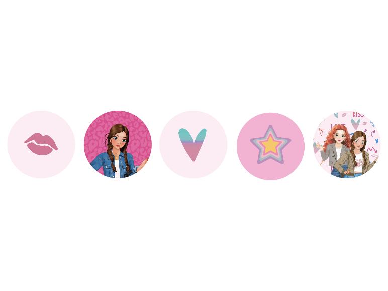 Fünf runde Icons mit Lippen, einem Mädchen, einem Herz, einem Stern und zwei Mädchen.