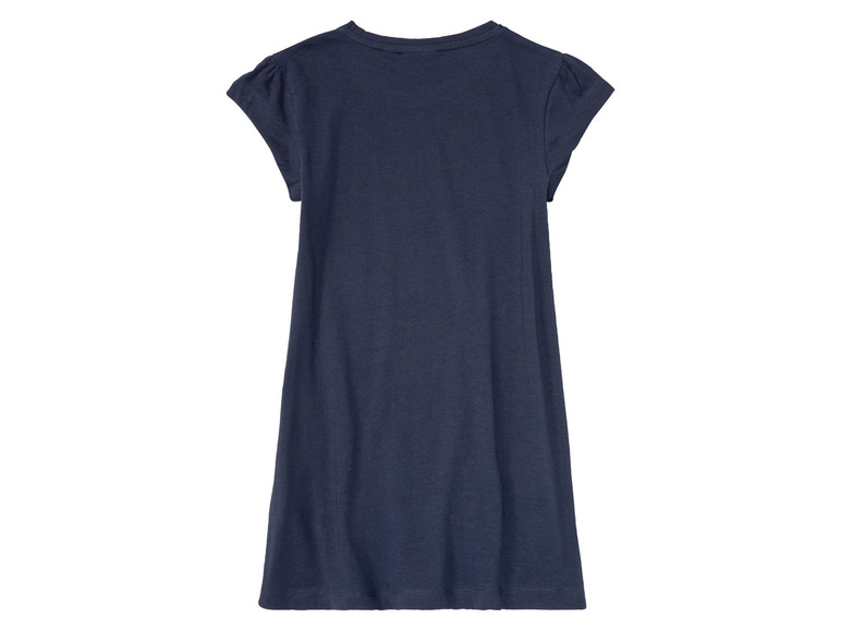 Ein dunkelblaues Kleid mit kurzen Ärmeln.