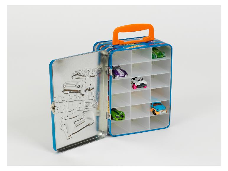 Eine offene blaue Hot Wheels Metallbox mit Spielzeugautos darin.