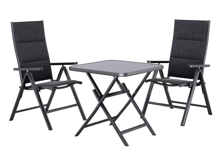 Outdoor-Bistro-Set mit zwei dunkelgrauen Klappstühlen und einem quadratischen Klapptisch.