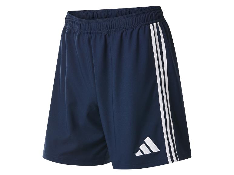 Marineblaue Sportshorts mit drei weißen Streifen an der Seite und Logo.