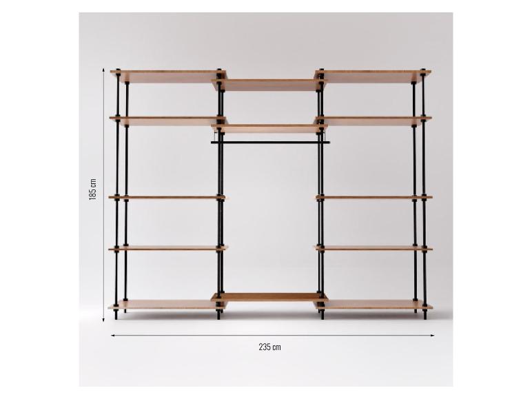 Modulares Regalsystem mit Holzregalen und Kleiderstange, Maße 185x235 cm.