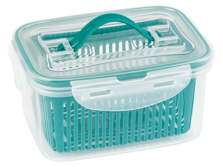 Eine transparente Plastik-Aufbewahrungsbox mit grünem Griff und einem Einsatzkorb.