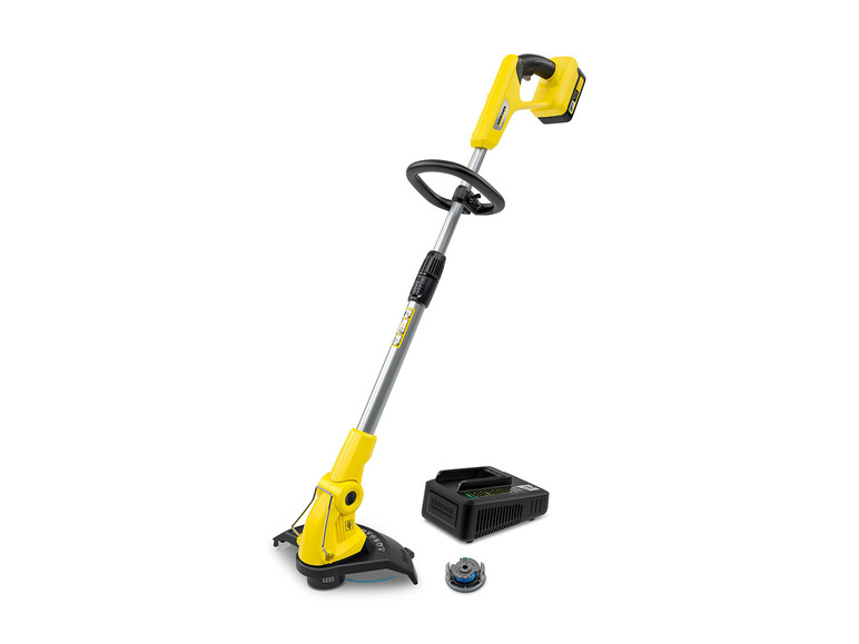 Ein Bosch Rasentrimmer mit Akku und Ladegerät.