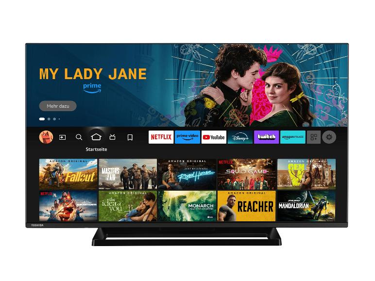 Ein Toshiba-Fernseher mit Prime Video, Netflix und anderen Streaming-Diensten.