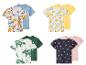 Vier Sets Kinder-T-Shirts: Dinosaurier, Zitronen, Triceratops und Erdbeeren.