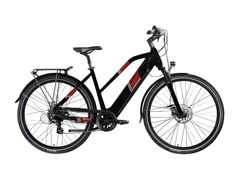 Ein schwarzes Zündapp Zero E-Bike mit roten Akzenten wird vor weißem Hintergrund gezeigt.