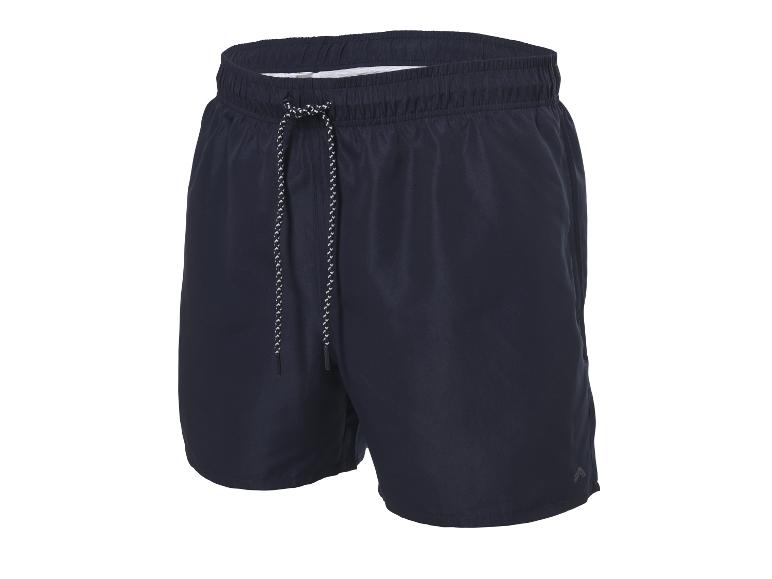 Dunkelblaue Herren-Badeshorts mit Kordelzug auf weißem Hintergrund.