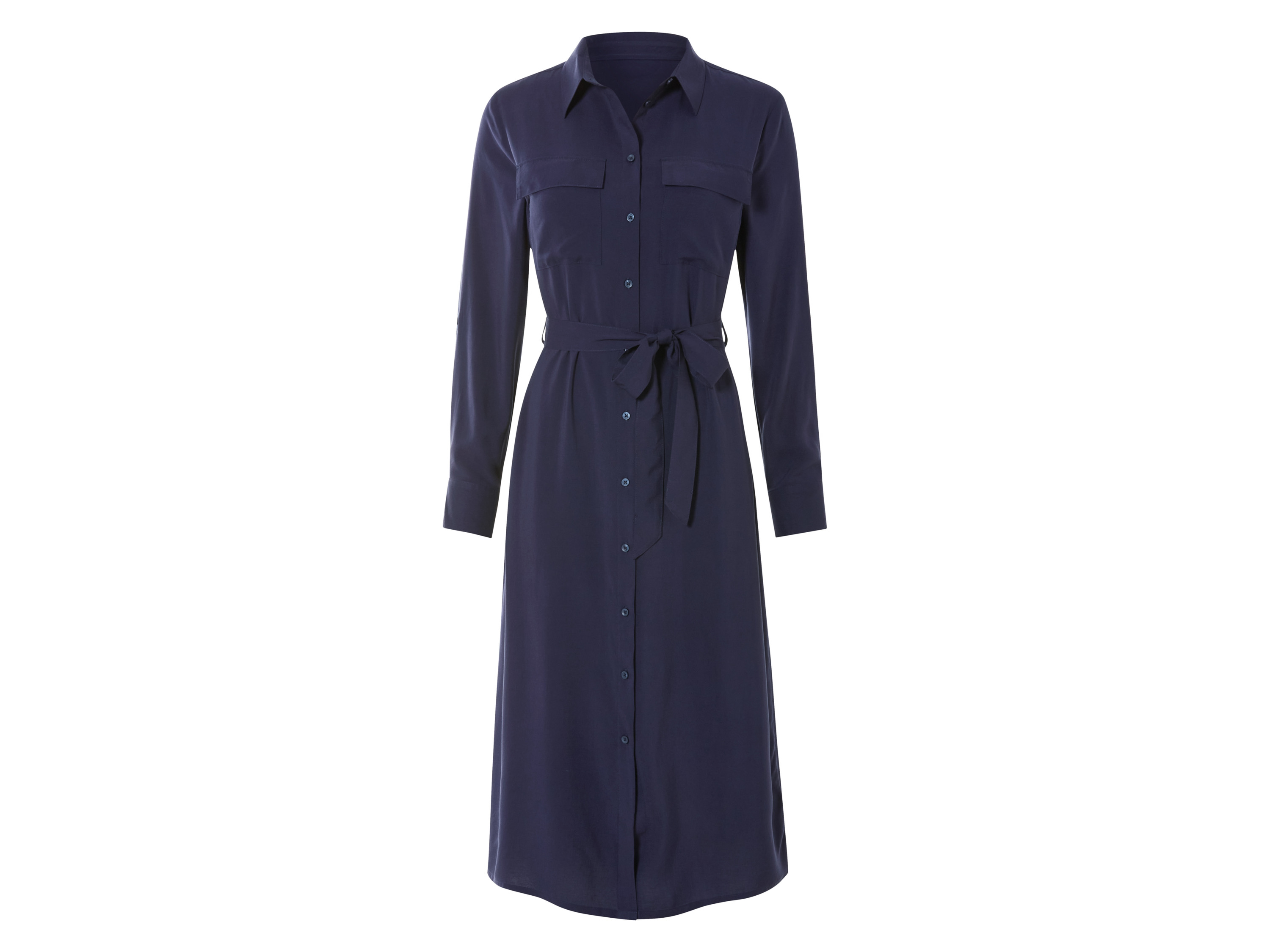 esmara® Damen Blusenkleid langarm (navy, 34)““ | Muster/schwarz/weiß Muster: – Detail: Krempelfunktion am Ärmel durch Riegel und Knopf Schnitt: leicht ausgestellt geschnitten Ausschnitt: – Kragenform: Kentkragen Ärmellänge: langarm Länge: Midi Material: Viskose Lenzing™ Ecovero™ Pflegehinweis: waschen bei max. 30 °C Pflegeleicht nicht bleichen nicht im Wäschetrockner trocknen bügeln bis 150 °C Stufe 2. Dampfbügeleisen kann verwendet werden nicht trockenreinigen Größe: 34 – 46 Meine Lidl-Größe – so einfach gehts Deine Größe findest du in der Lidl-Größentabelle . Oeko-Tex® Standard 100 Geprüft auf Schadstoffe Zertifizierungsnummer: 09.0.68536 Hohenstein Htti Standard 100 by Oeko-Tex® ist die weltweit bekannteste, unabhängige Zertifizierung schadstoffgeprüfter Textil- und Lederprodukte aller Art – vom Garn und den Stoffen bis hin zum gebrauchsfertigen Artikel. Das Label bestätigt