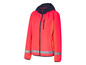 Eine leuchtend rosa Jacke mit reflektierenden Streifen und Kapuze.