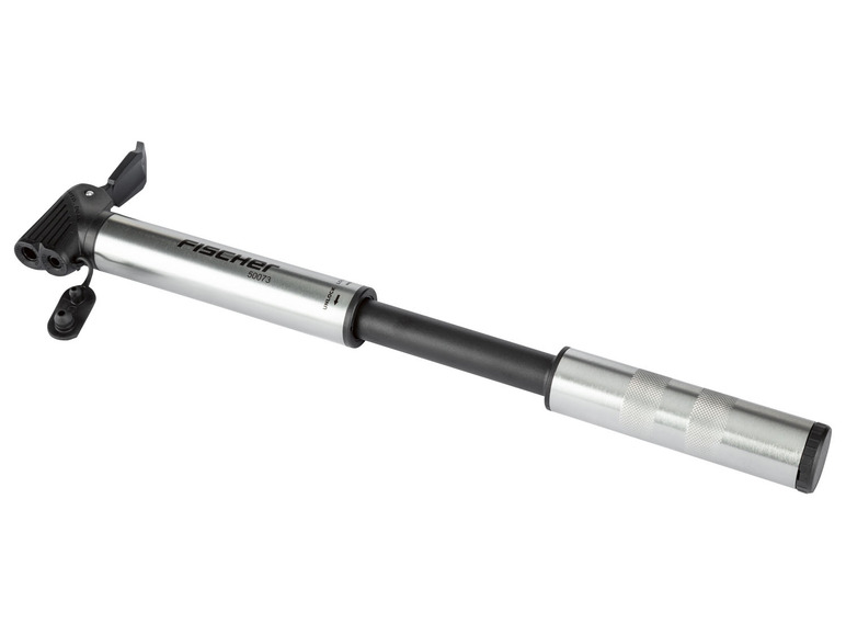 Eine silberfarbene Fahrradhandpumpe von Fischer.