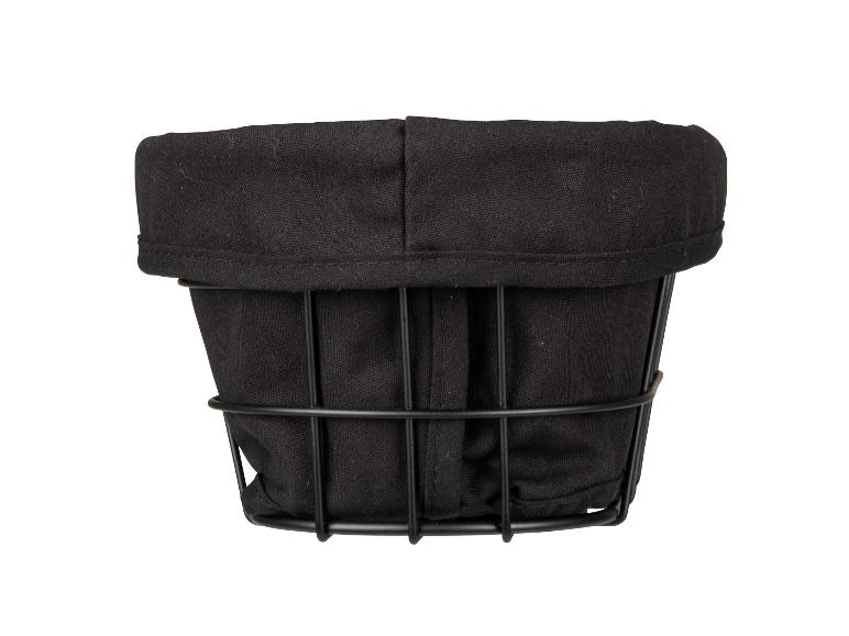 Schwarzer Stoffkorb mit Metallgestell.