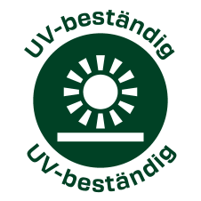 Siegel „UV-beständig“ (UV-beständig) mit Sonnensymbol.
