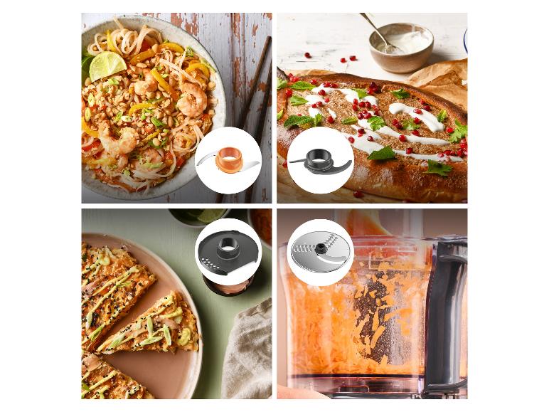 Vier Bilder von Speisen und Küchenzubehör, darunter ein Zerkleinerer und eine Reibe.