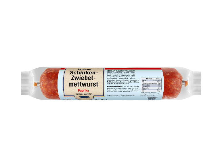 Frische Schinken-Zwiebelmettwurst mit Paprika, 200g, Nährwerte und Zutaten.