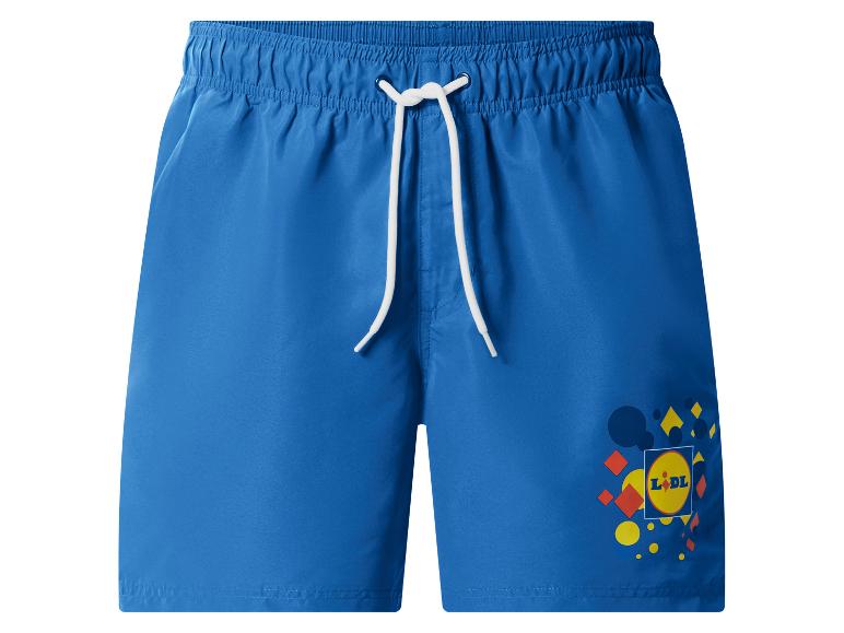 Blaue Badeshorts mit elastischem Bund und bunten geometrischen Mustern.