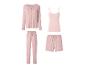 Hellrosa Pyjama-Set mit Strickjacke, Top, langer Hose und Shorts.