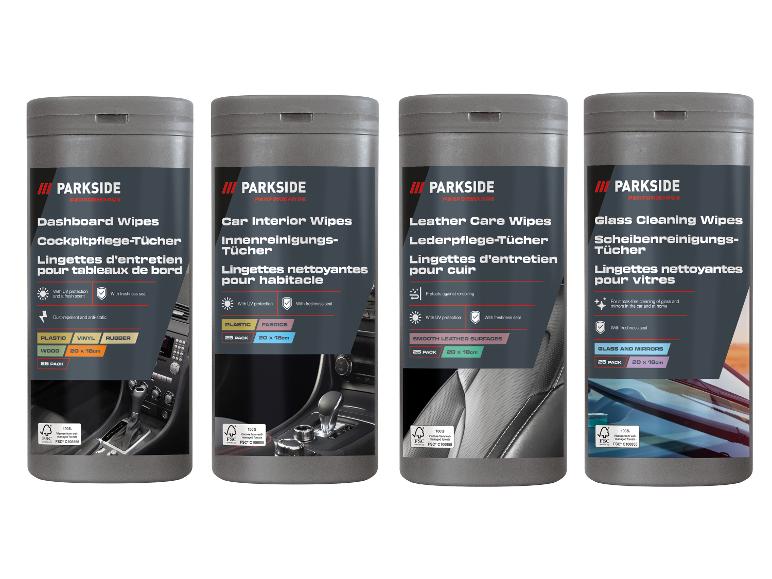 Vier Packungen Autoreinigungstücher: für Armaturenbrett, Innenraum, Leder und Glas.