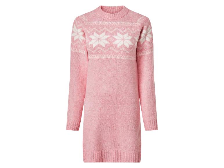 Rosa Strickkleid mit weißen Schneeflockenmustern.