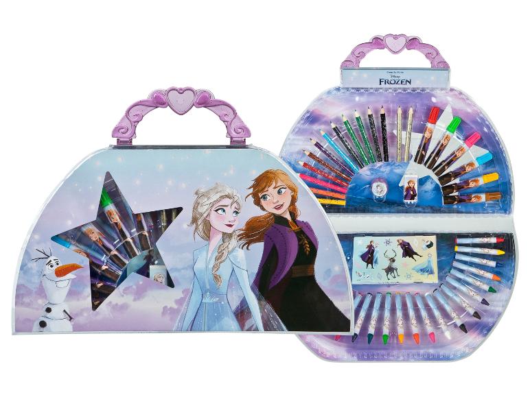 Frozen Kunstset mit Buntstiften, Markern und Wachsmalstiften, mit Elsa, Anna und Olaf.