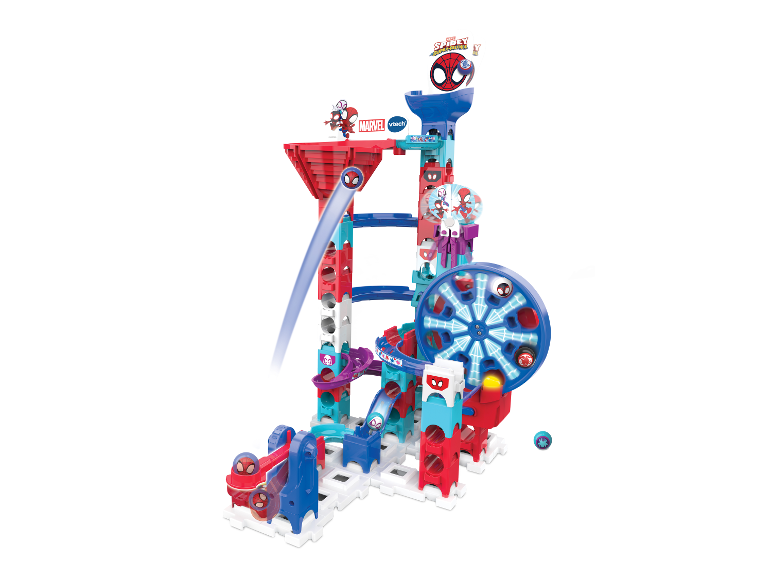 VTech Marvel Spider-Man Murmelbahn: Turm, Rad und Figuren.