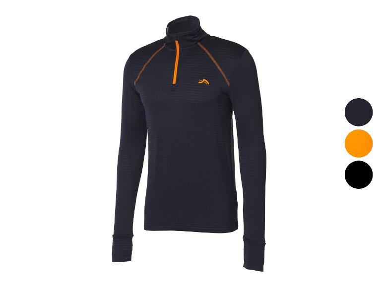 Dunkelblaues Langarmshirt mit orangefarbenem Reißverschluss und Nähten.