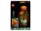 LEGO-Box mit einer aus Steinen gebauten orangefarbenen Chrysanthemenblüte, die ihre Maße zeigt.