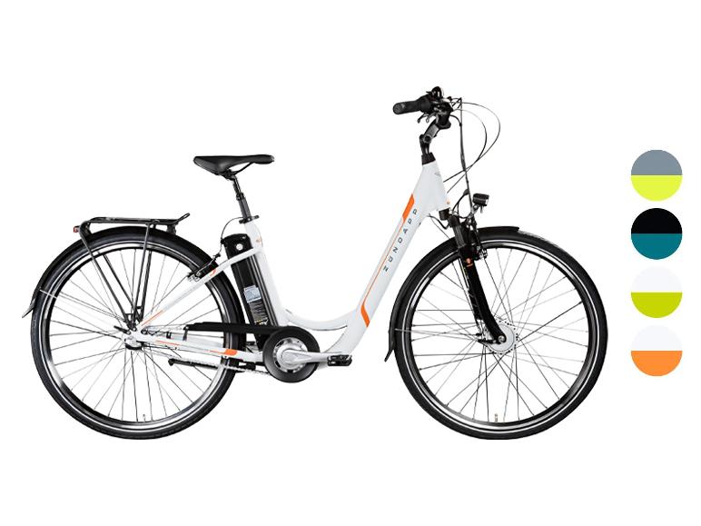 Weißes E-Bike mit orangefarbenen Akzenten und Farboptionen.