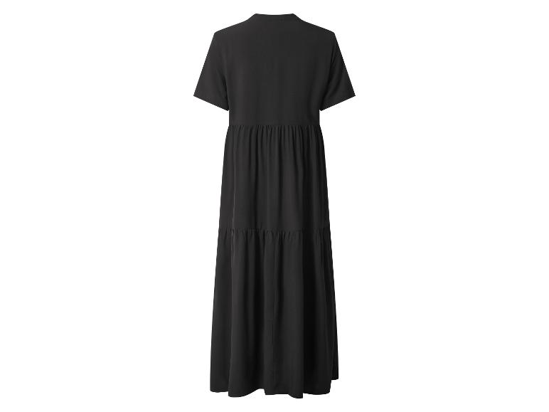 Schwarzes kurzärmeliges Maxikleid mit Stufenrock, Rückansicht.