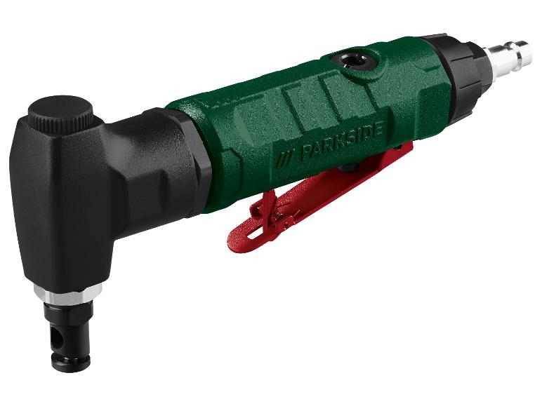 Grüner und schwarzer PARKSIDE Druckluft-Winkelschleifer mit rotem Abzug auf weißem Hintergrund.