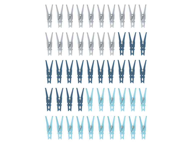 Ein Satz mit 40 Wäscheklammern in Blau, Grau und Hellblau.