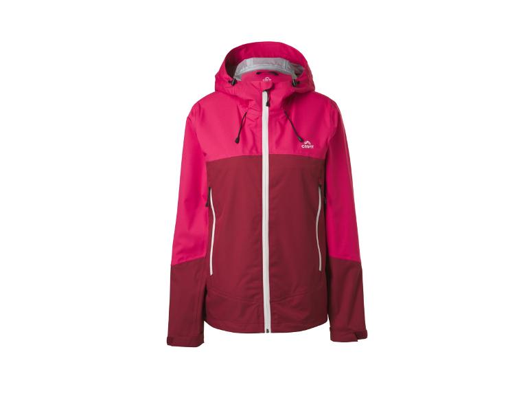 Zweifarbige pinke und bordeauxfarbene Damen-Outdoorjacke mit Kapuze und weißem Reißverschluss.