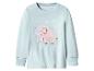 Ein hellblaues Kinder-Sweatshirt mit einem gestickten rosa Mammut und Schneeflocken.