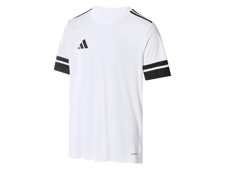 Weißes Adidas Sport-T-Shirt mit schwarzem Logo und Streifen.
