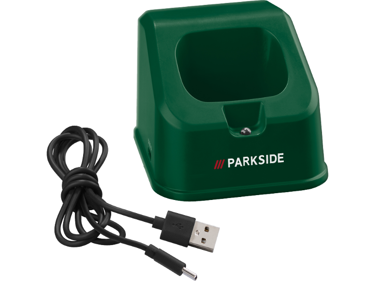 Grüne Ladestation mit schwarzem USB-Kabel
