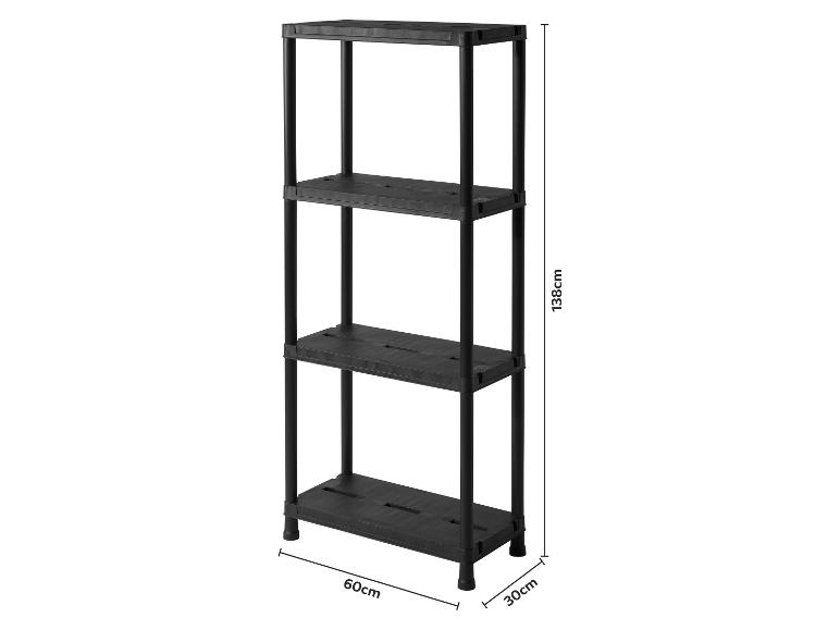 Schwarzes 4-stöckiges Kunststoffregal mit den Maßen 138cm (H) x 60cm (B) x 30cm (T).