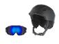 Schwarzer Skihelm und Skibrille mit blauen Gläsern