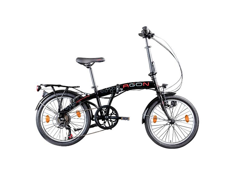 Schwarzes Agon Parklane Faltrad mit 20-Zoll-Rädern und Gepäckträger.