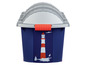 Eine blaue Aufbewahrungsbox mit grauem Deckel und einem Leuchtturm-Motiv.