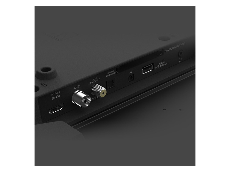 Rückseite eines Fernsehers mit HDMI-, Antennen-, Satelliten- und USB-Anschlüssen.