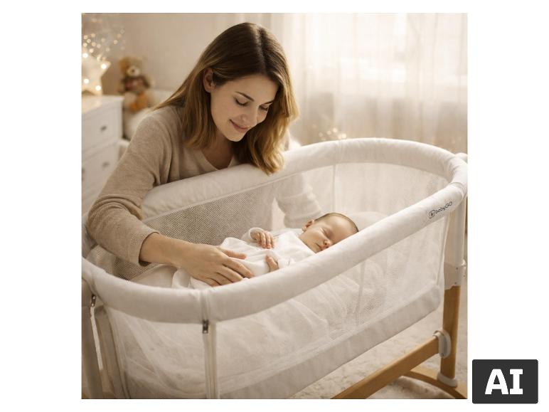 Mutter am BABYGO Beistellbett Amila mit schlafendem Baby. [KI-generiertes Bild]